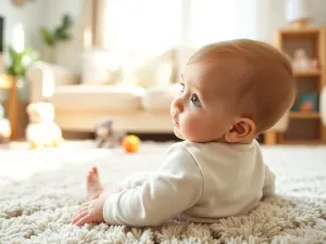 Niemowlę na dywanie odwraca głowę w stronę dźwięku, patrząc czujnie, w tle przytulny salon z zabawkami.
