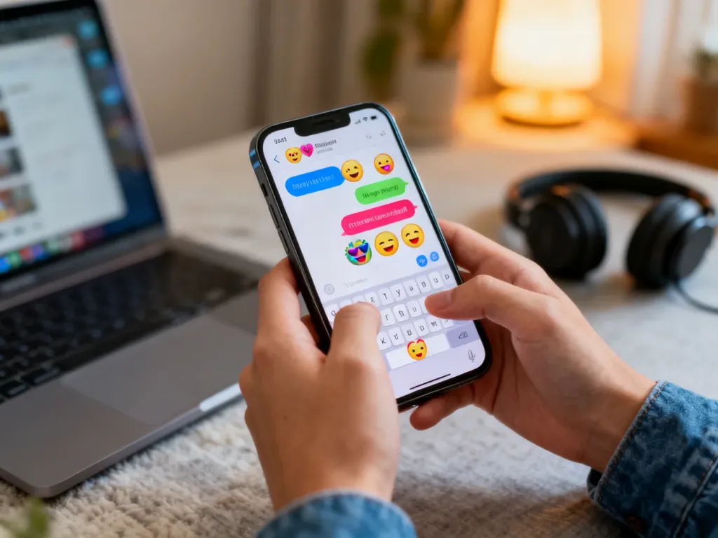 Nastolatek pisze na smartfonie w aplikacji czatu, emoji i kolorowe dymki symbolizują luźną komunikację typu „xd”.